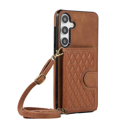 For Samsung Galaxy S24+ Case Grid Imprinted Kickstand Phone Cover with Shoulder Strap