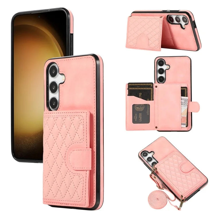 For Samsung Galaxy S24+ Case Grid Imprinted Kickstand Phone Cover with Shoulder Strap