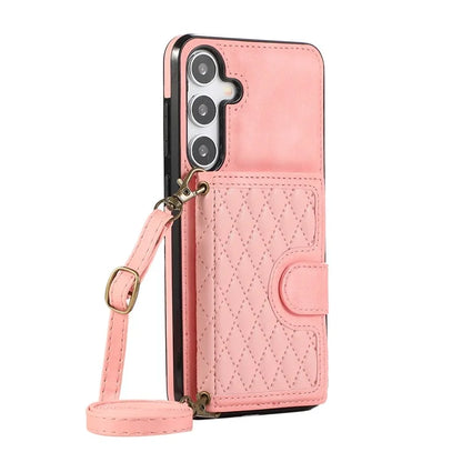 For Samsung Galaxy S24+ Case Grid Imprinted Kickstand Phone Cover with Shoulder Strap