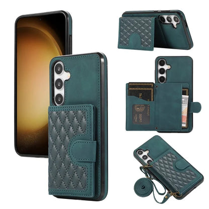 For Samsung Galaxy S24+ Case Grid Imprinted Kickstand Phone Cover with Shoulder Strap