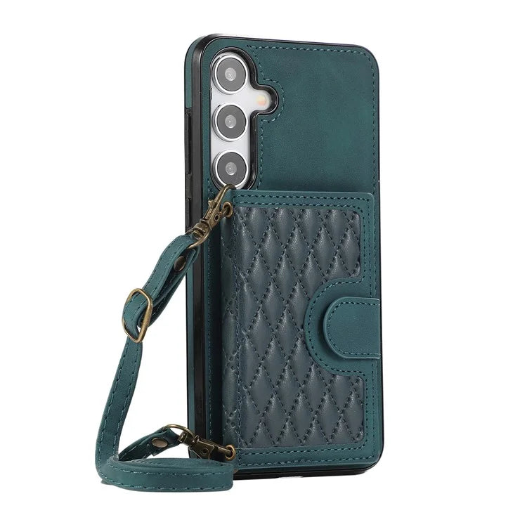 For Samsung Galaxy S24+ Case Grid Imprinted Kickstand Phone Cover with Shoulder Strap