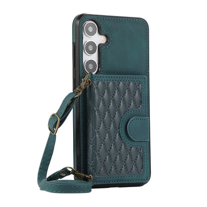 For Samsung Galaxy S24+ Case Grid Imprinted Kickstand Phone Cover with Shoulder Strap