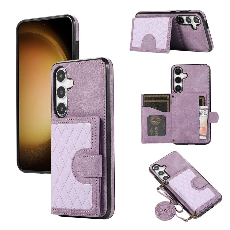 For Samsung Galaxy S24+ Case Grid Imprinted Kickstand Phone Cover with Shoulder Strap