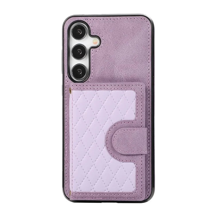 For Samsung Galaxy S24+ Case Grid Imprinted Kickstand Phone Cover with Shoulder Strap