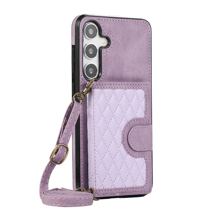 For Samsung Galaxy S24+ Case Grid Imprinted Kickstand Phone Cover with Shoulder Strap
