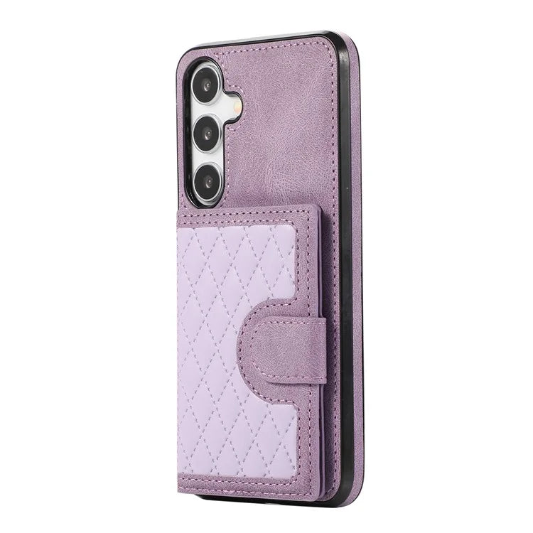 For Samsung Galaxy S24+ Case Grid Imprinted Kickstand Phone Cover with Shoulder Strap