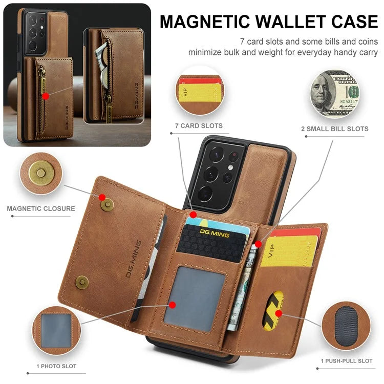 DG.MING M5 Series For Samsung Galaxy S21 Ultra 5G Phone Case Detachable Wallet Kickstand Cover