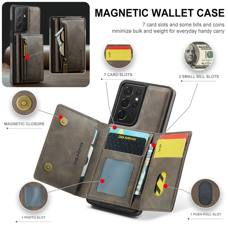 DG.MING M5 Series For Samsung Galaxy S21 Ultra 5G Phone Case Detachable Wallet Kickstand Cover