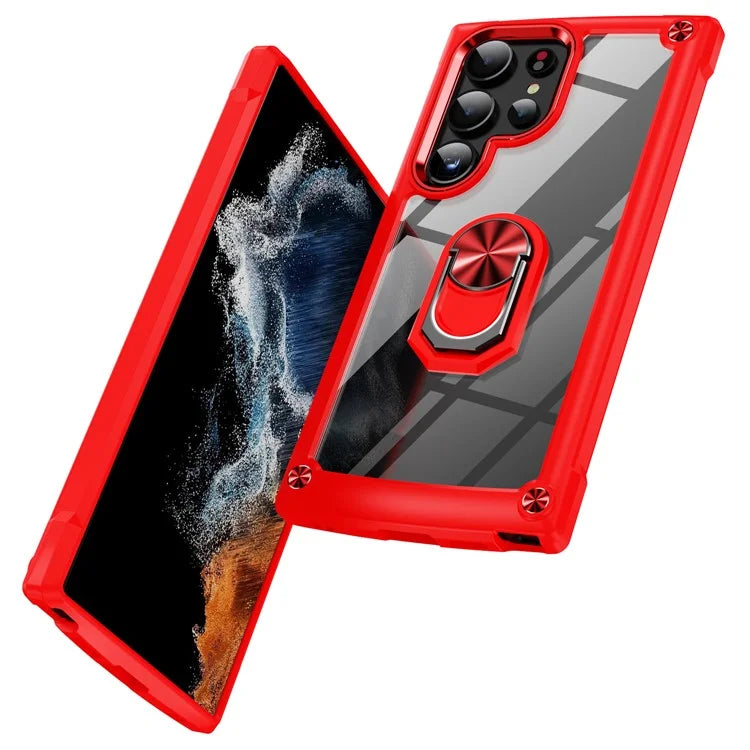 For Samsung Galaxy S24 Ultra Case Drop-proof PC+TPU Metal Ring Kickstand Phone Back Shell