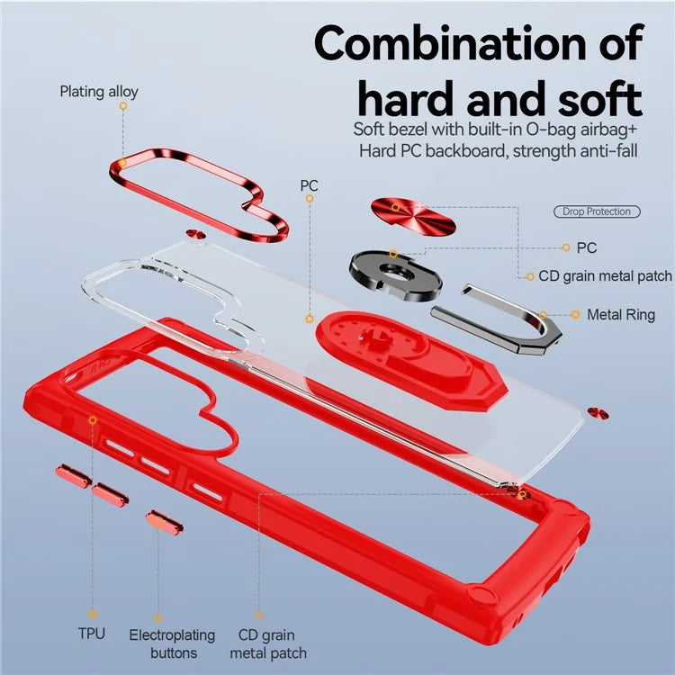 For Samsung Galaxy S24 Ultra Case Drop-proof PC+TPU Metal Ring Kickstand Phone Back Shell