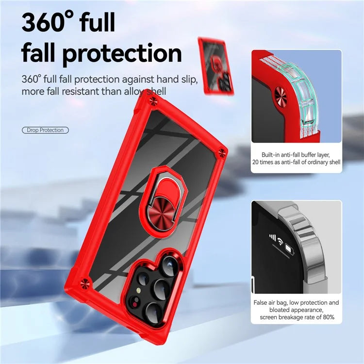 For Samsung Galaxy S24 Ultra Case Drop-proof PC+TPU Metal Ring Kickstand Phone Back Shell
