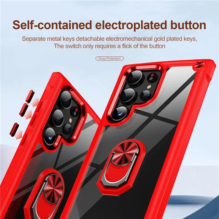 For Samsung Galaxy S24 Ultra Case Drop-proof PC+TPU Metal Ring Kickstand Phone Back Shell