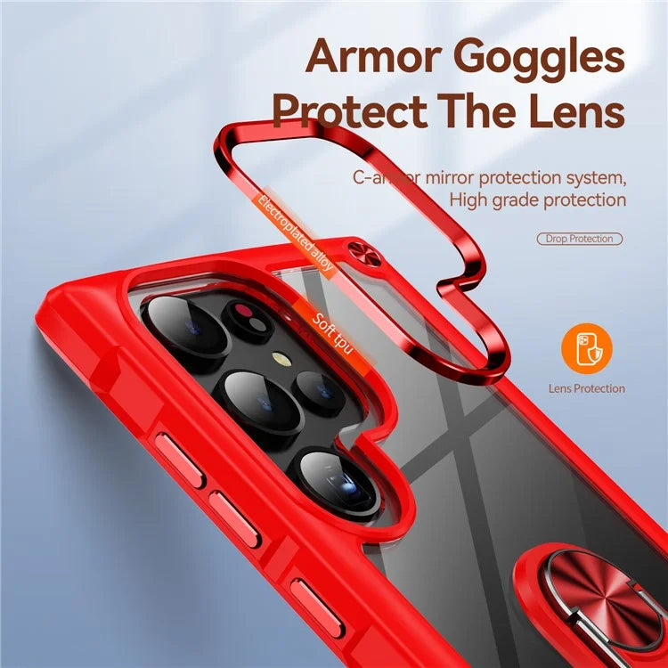 For Samsung Galaxy S24 Ultra Case Drop-proof PC+TPU Metal Ring Kickstand Phone Back Shell