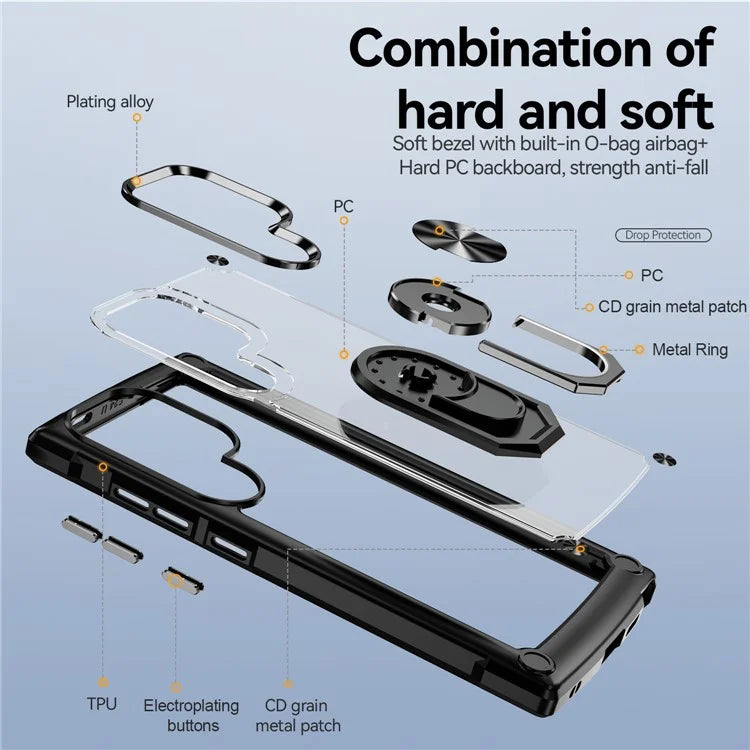 For Samsung Galaxy S24 Ultra Case Drop-proof PC+TPU Metal Ring Kickstand Phone Back Shell