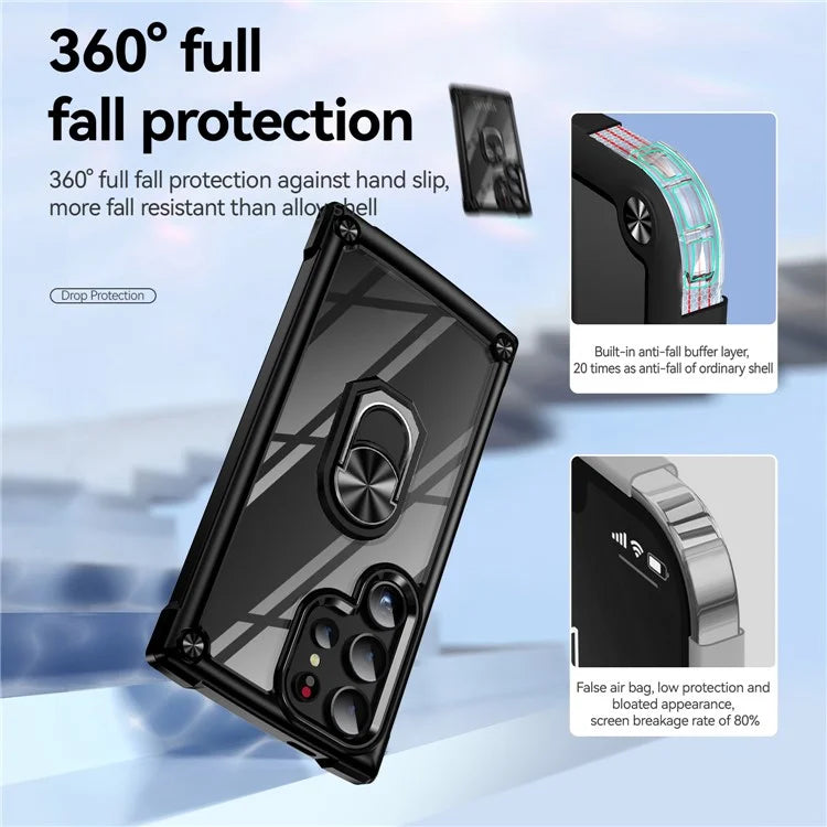 For Samsung Galaxy S24 Ultra Case Drop-proof PC+TPU Metal Ring Kickstand Phone Back Shell