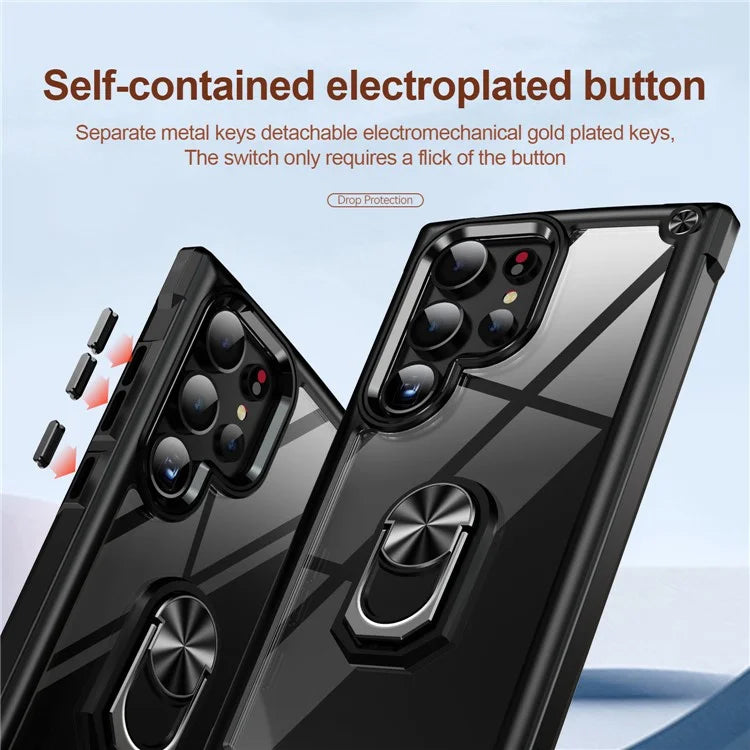 For Samsung Galaxy S24 Ultra Case Drop-proof PC+TPU Metal Ring Kickstand Phone Back Shell