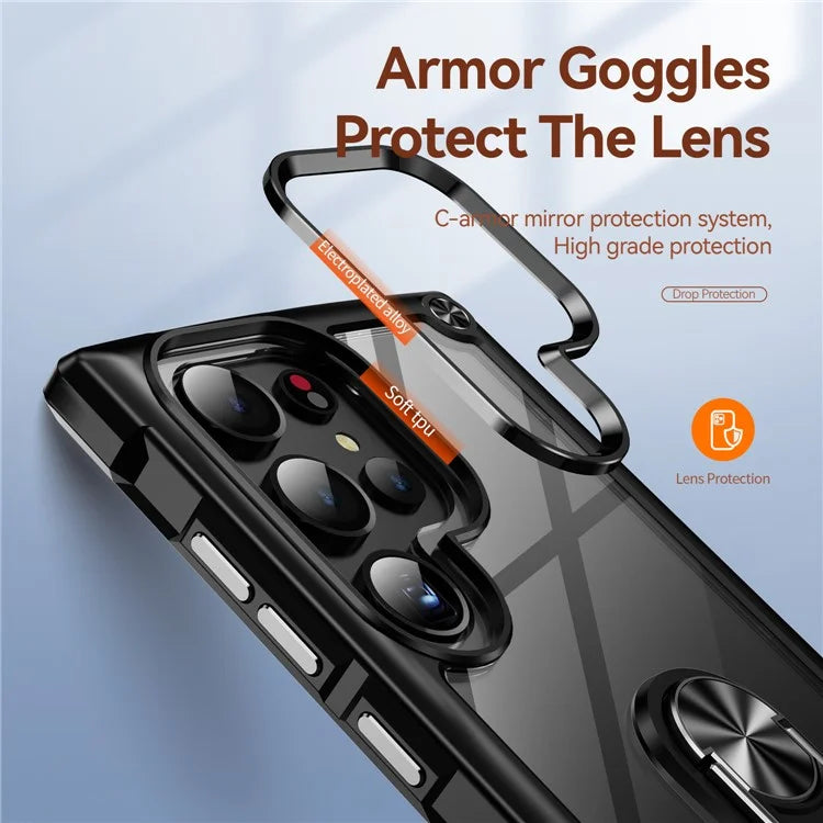 For Samsung Galaxy S24 Ultra Case Drop-proof PC+TPU Metal Ring Kickstand Phone Back Shell