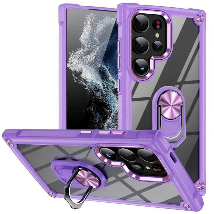 For Samsung Galaxy S24 Ultra Case Drop-proof PC+TPU Metal Ring Kickstand Phone Back Shell