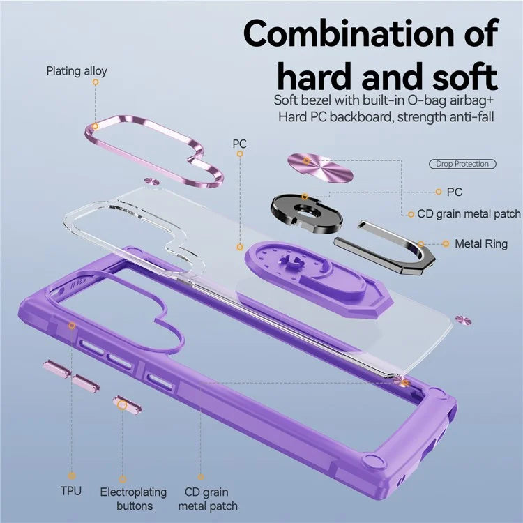 For Samsung Galaxy S24 Ultra Case Drop-proof PC+TPU Metal Ring Kickstand Phone Back Shell