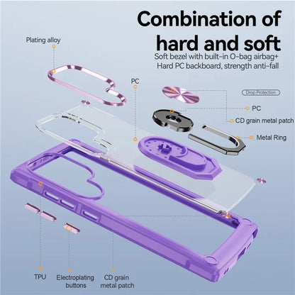 For Samsung Galaxy S24 Ultra Case Drop-proof PC+TPU Metal Ring Kickstand Phone Back Shell