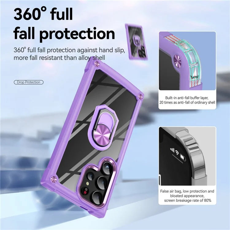 For Samsung Galaxy S24 Ultra Case Drop-proof PC+TPU Metal Ring Kickstand Phone Back Shell