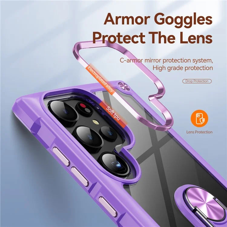 For Samsung Galaxy S24 Ultra Case Drop-proof PC+TPU Metal Ring Kickstand Phone Back Shell