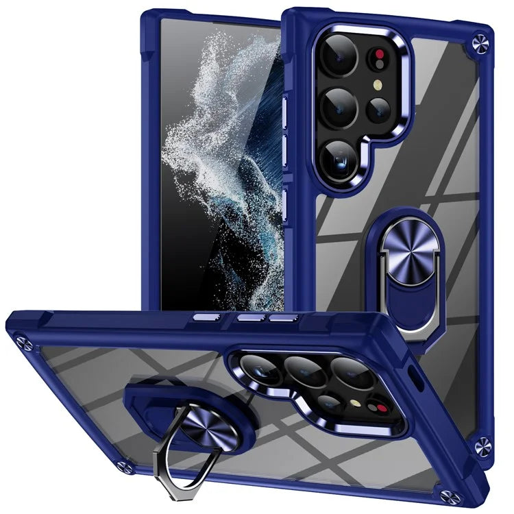 For Samsung Galaxy S24 Ultra Case Drop-proof PC+TPU Metal Ring Kickstand Phone Back Shell