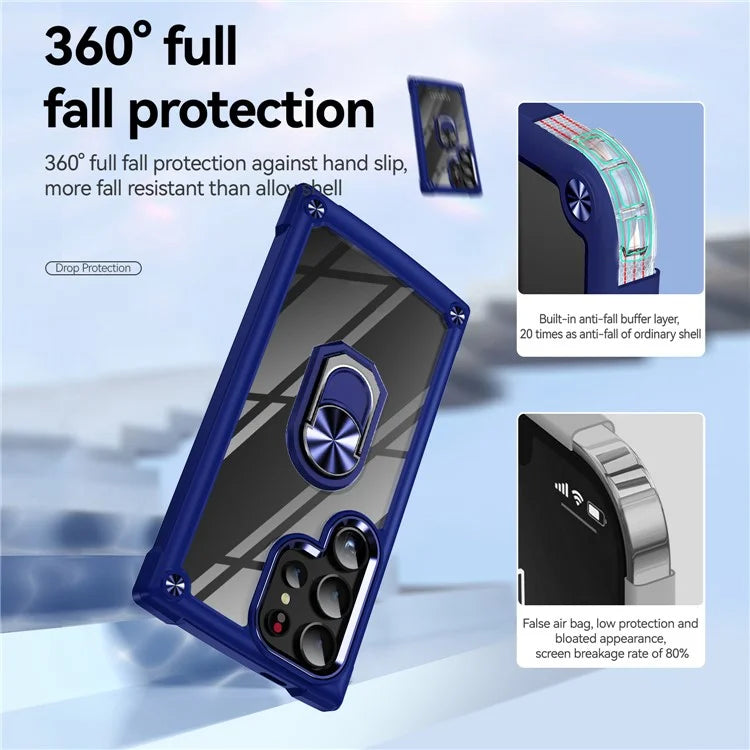 For Samsung Galaxy S24 Ultra Case Drop-proof PC+TPU Metal Ring Kickstand Phone Back Shell