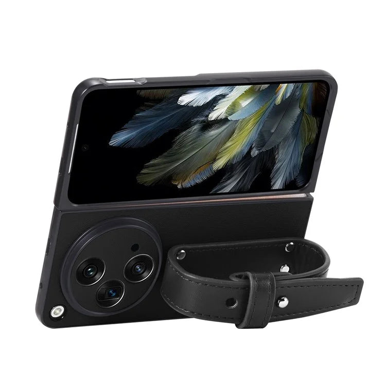 For OnePlus Open Case PU Leather Phone Back Cover with Wristband Kickstand