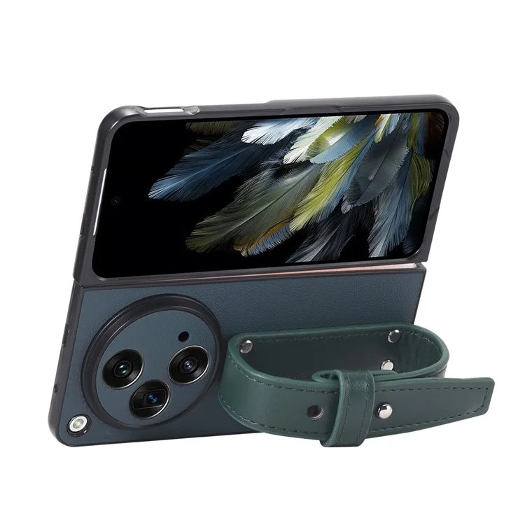 For OnePlus Open Case PU Leather Phone Back Cover with Wristband Kickstand