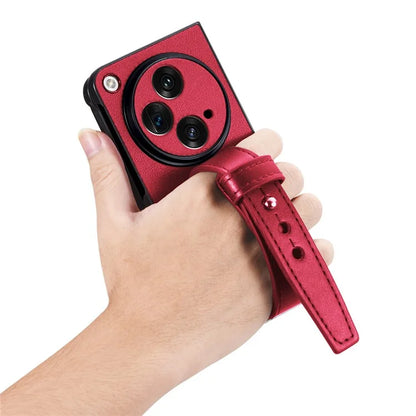 For OnePlus Open Case PU Leather Phone Back Cover with Wristband Kickstand
