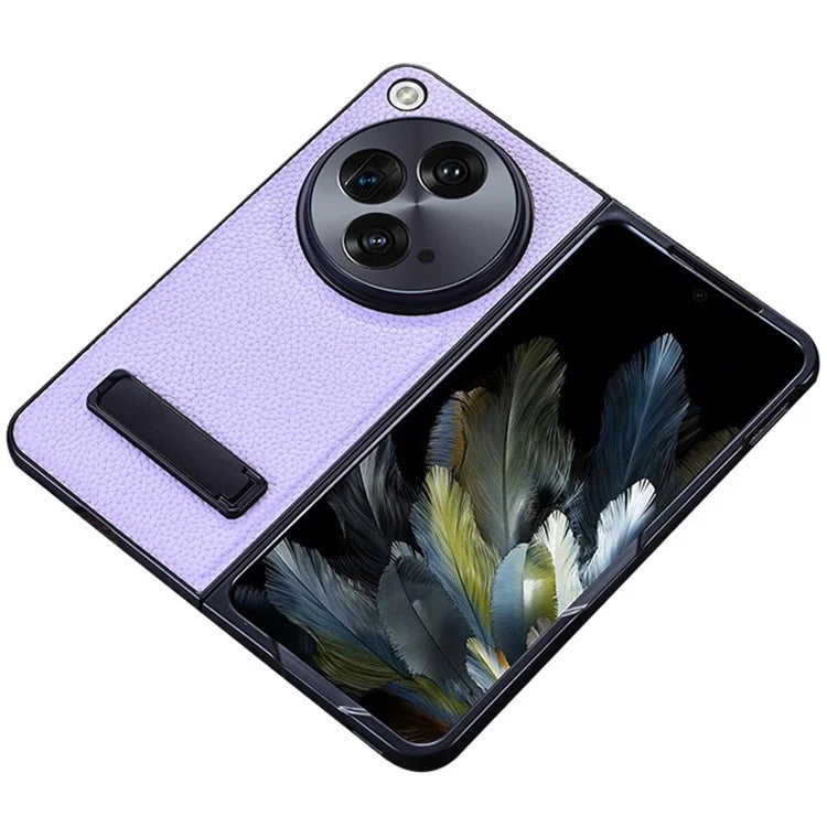 For OnePlus Open Case Litchi Texture PU Leather PC Phone Back Cover with Kickstand
