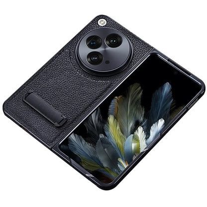 For OnePlus Open Case Litchi Texture PU Leather PC Phone Back Cover with Kickstand