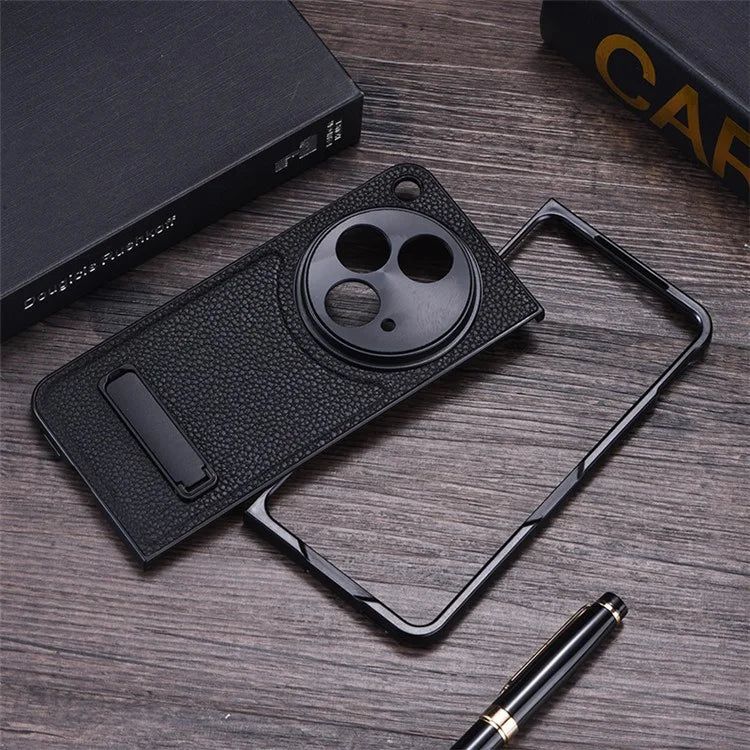 For OnePlus Open Case Litchi Texture PU Leather PC Phone Back Cover with Kickstand
