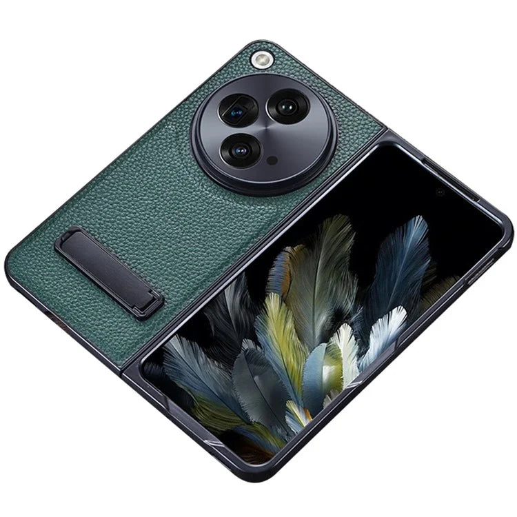 For OnePlus Open Case Litchi Texture PU Leather PC Phone Back Cover with Kickstand