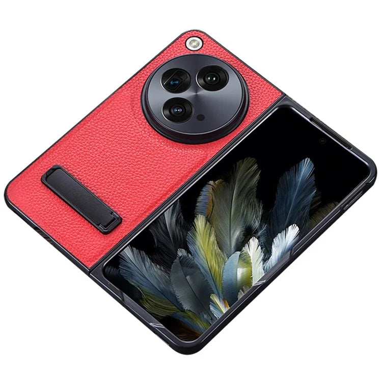 For OnePlus Open Case Litchi Texture PU Leather PC Phone Back Cover with Kickstand