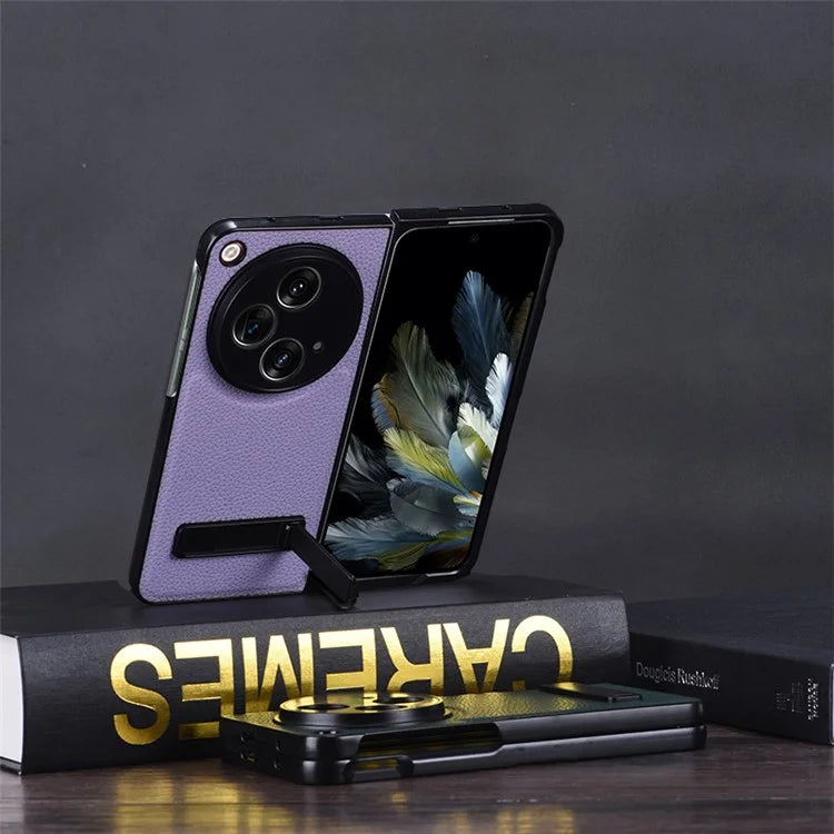 For OnePlus Open Case Litchi Texture PU Leather PC Phone Back Cover with Kickstand
