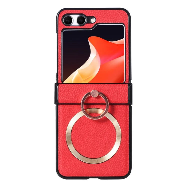 For Samsung Galaxy Z Flip5 5G Magnetic Case Leather PC Cover Ring Kickstand Compatible with MagSafe