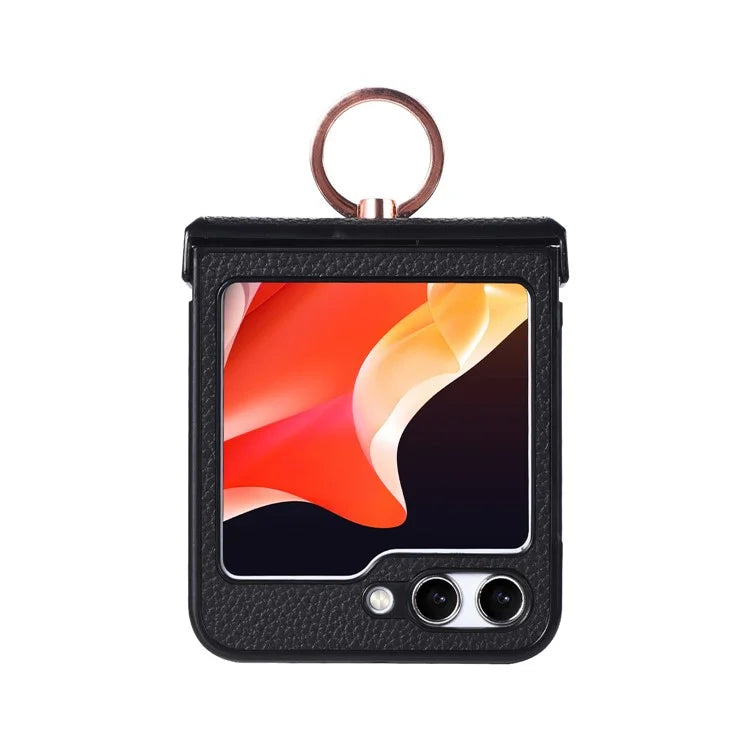 For Samsung Galaxy Z Flip5 5G Magnetic Case Leather PC Cover Ring Kickstand Compatible with MagSafe