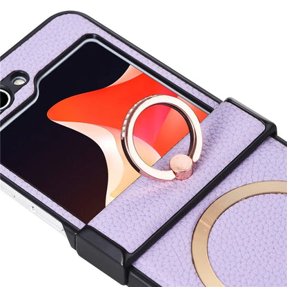 For Samsung Galaxy Z Flip5 5G Magnetic Case Leather PC Cover Ring Kickstand Compatible with MagSafe