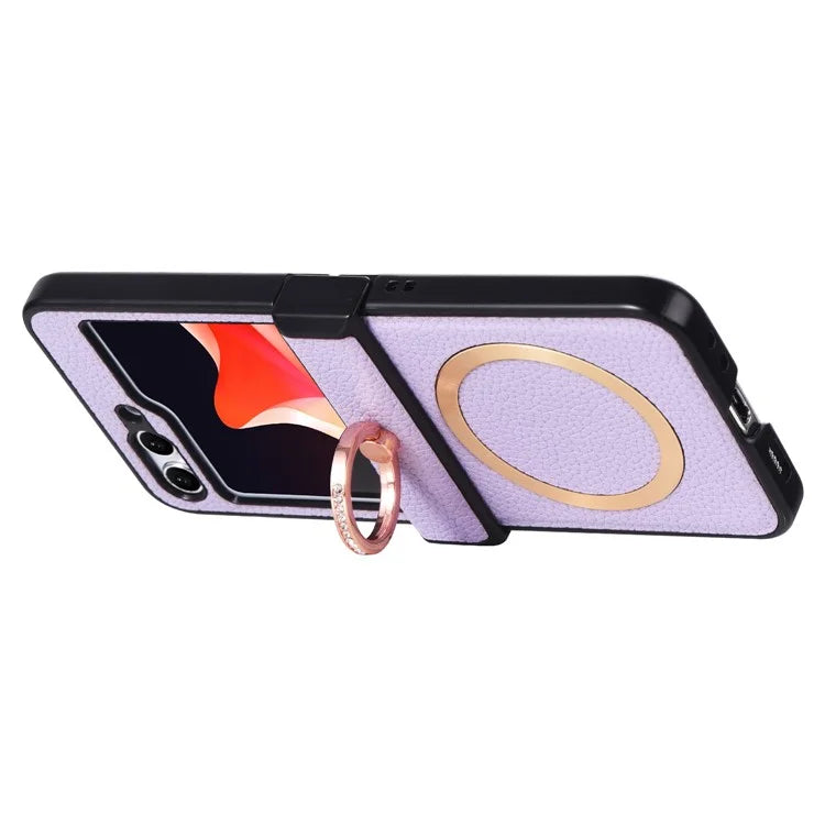 For Samsung Galaxy Z Flip5 5G Magnetic Case Leather PC Cover Ring Kickstand Compatible with MagSafe