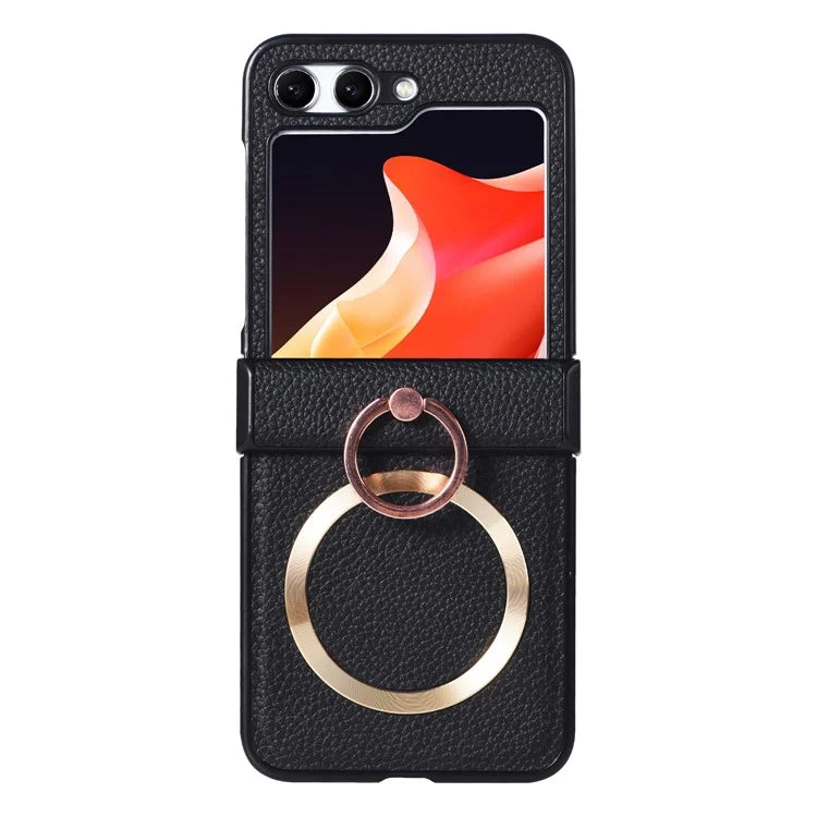 For Samsung Galaxy Z Flip5 5G Magnetic Case Leather PC Cover Ring Kickstand Compatible with MagSafe