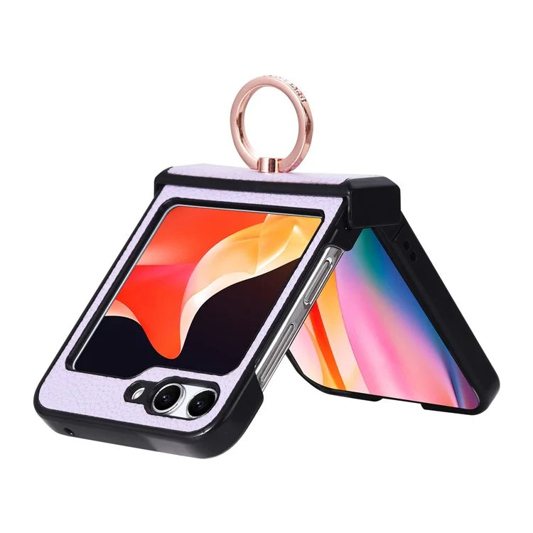 For Samsung Galaxy Z Flip5 5G Magnetic Case Leather PC Cover Ring Kickstand Compatible with MagSafe