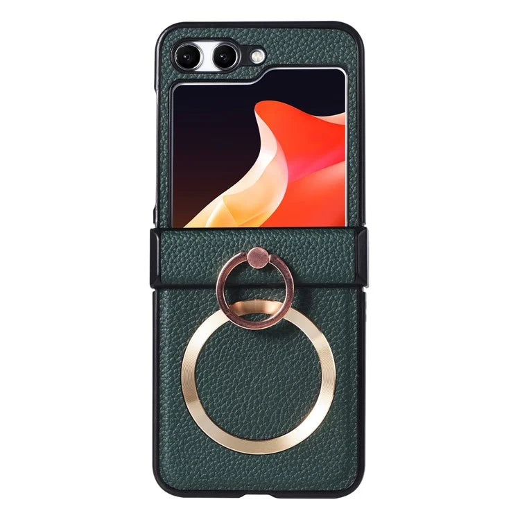 For Samsung Galaxy Z Flip5 5G Magnetic Case Leather PC Cover Ring Kickstand Compatible with MagSafe