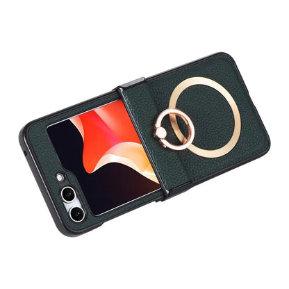 For Samsung Galaxy Z Flip5 5G Magnetic Case Leather PC Cover Ring Kickstand Compatible with MagSafe