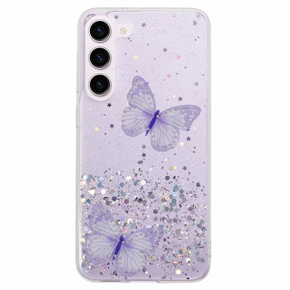 AW Series For Samsung Galaxy S24 Case TPU+PVC Sparkle Epoxy Butterfly Decor Cover with Big Rear Lens Hole