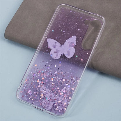 AW Series For Samsung Galaxy S24 Case TPU+PVC Sparkle Epoxy Butterfly Decor Cover with Big Rear Lens Hole