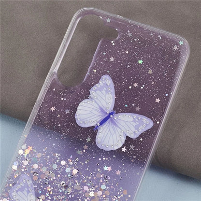 AW Series For Samsung Galaxy S24 Case TPU+PVC Sparkle Epoxy Butterfly Decor Cover with Big Rear Lens Hole