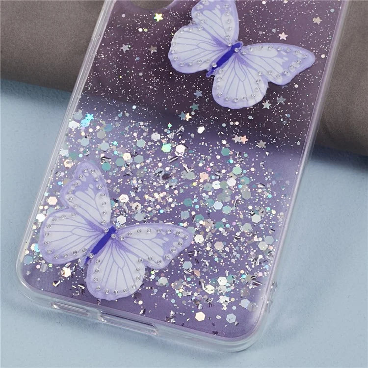 AW Series For Samsung Galaxy S24 Case TPU+PVC Sparkle Epoxy Butterfly Decor Cover with Big Rear Lens Hole