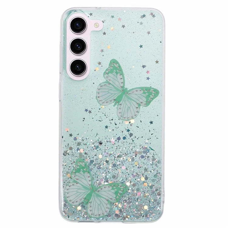 AW Series For Samsung Galaxy S24 Case TPU+PVC Sparkle Epoxy Butterfly Decor Cover with Big Rear Lens Hole